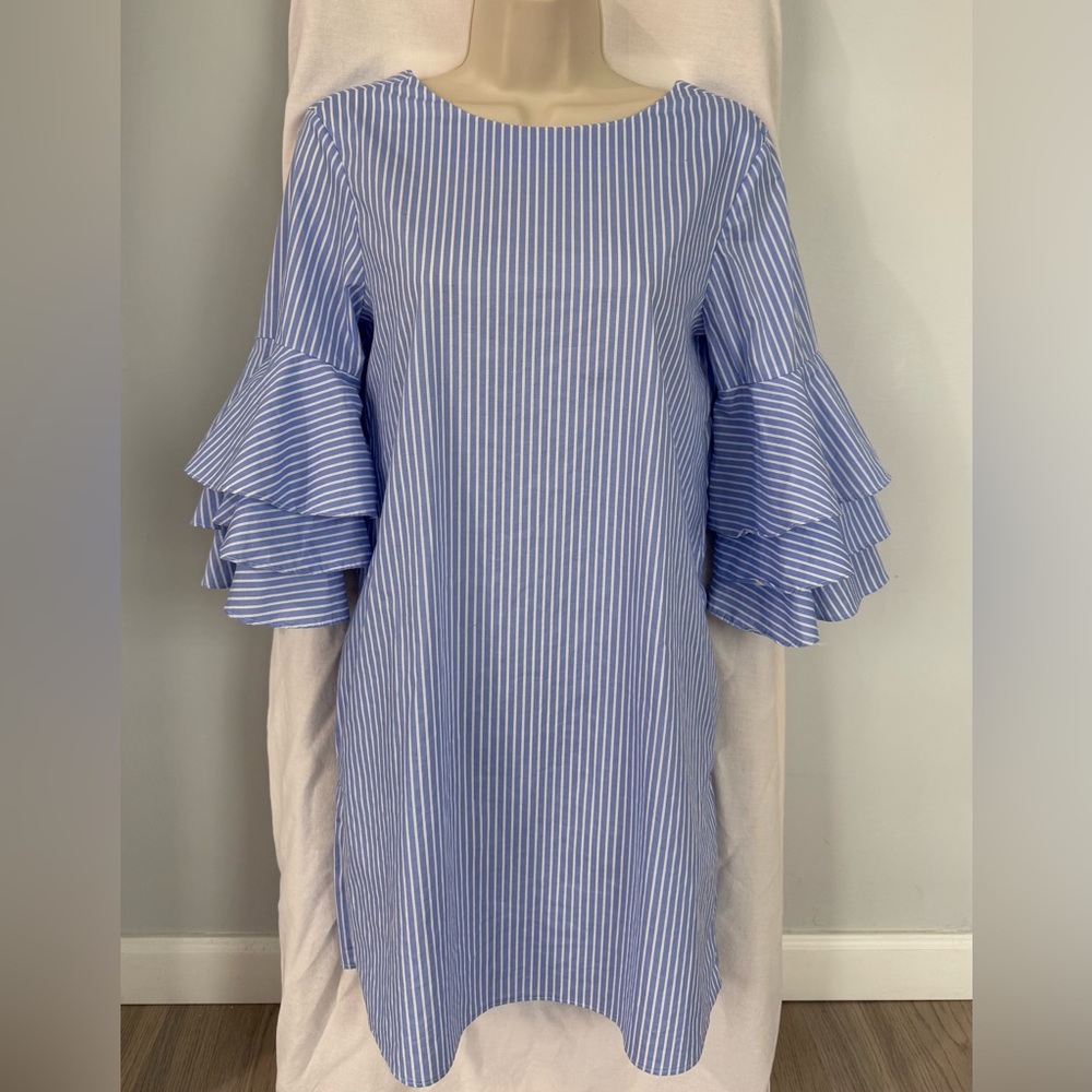 Zara Blue and White Striped Ruffle Sleeve Dress